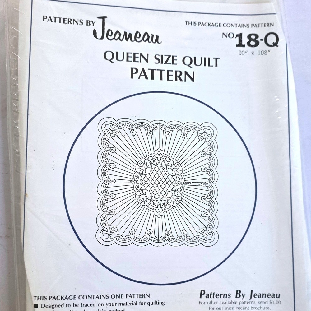 Vtg 1978 Jeaneau Queen Sz Quilt Pattern 18Q 90x108 Floral Radial  Cottage Uncut